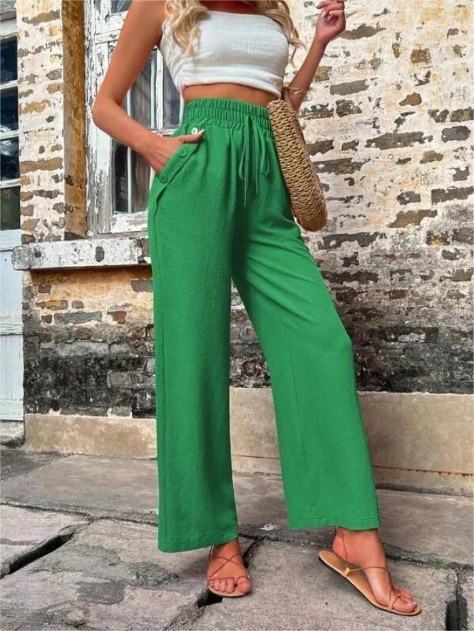 Casual Pants With Pockets Elastic Drawstring High Waist-Green-7