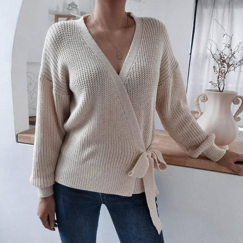 Casual V-neck tie knotted sweater sweater-Apricot-6