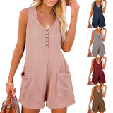 Casual Waffle Button Jumpsuit With Pockets Fashion Summer-1