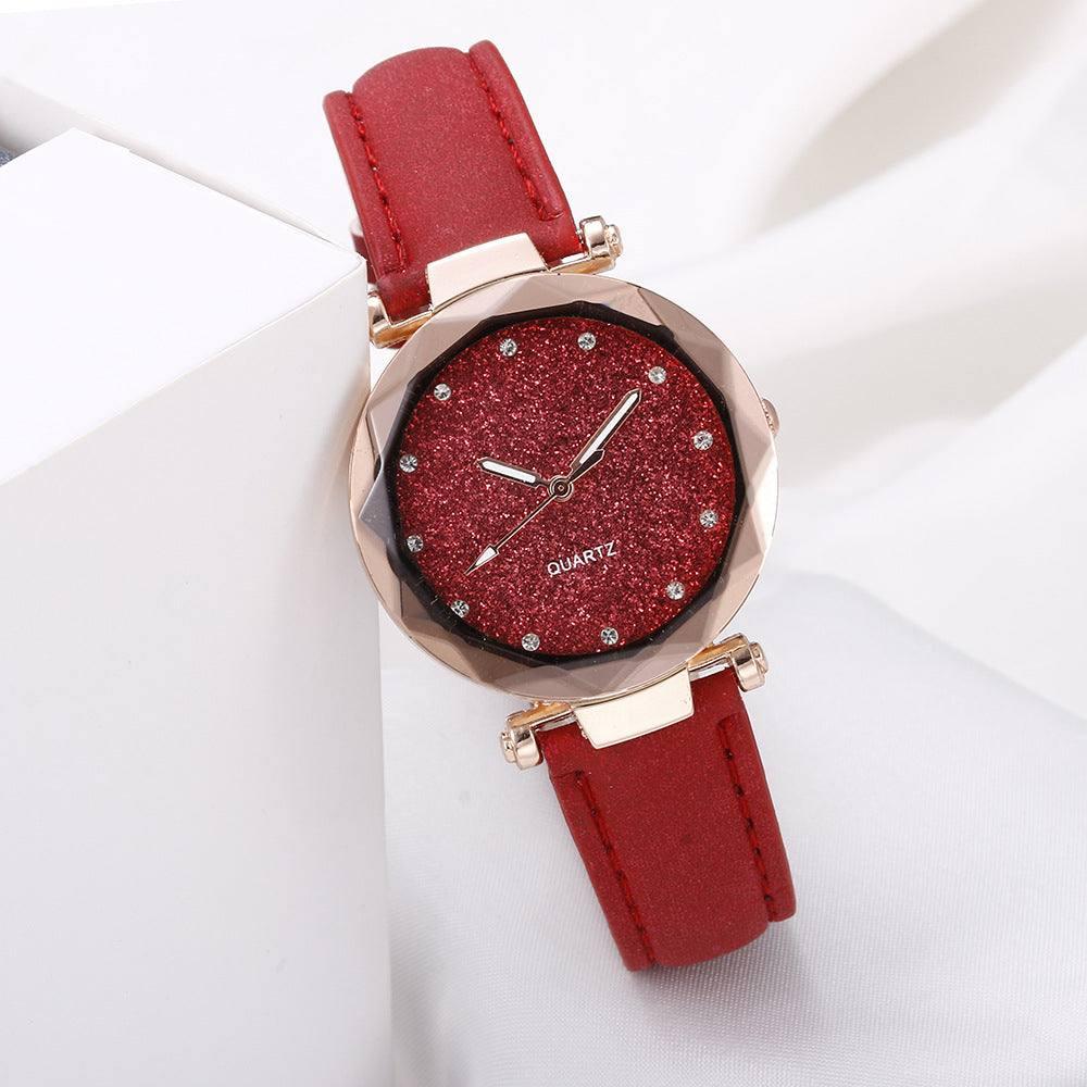 Casual Women Romantic Starry Sky Wrist Watch Leather-Red-11