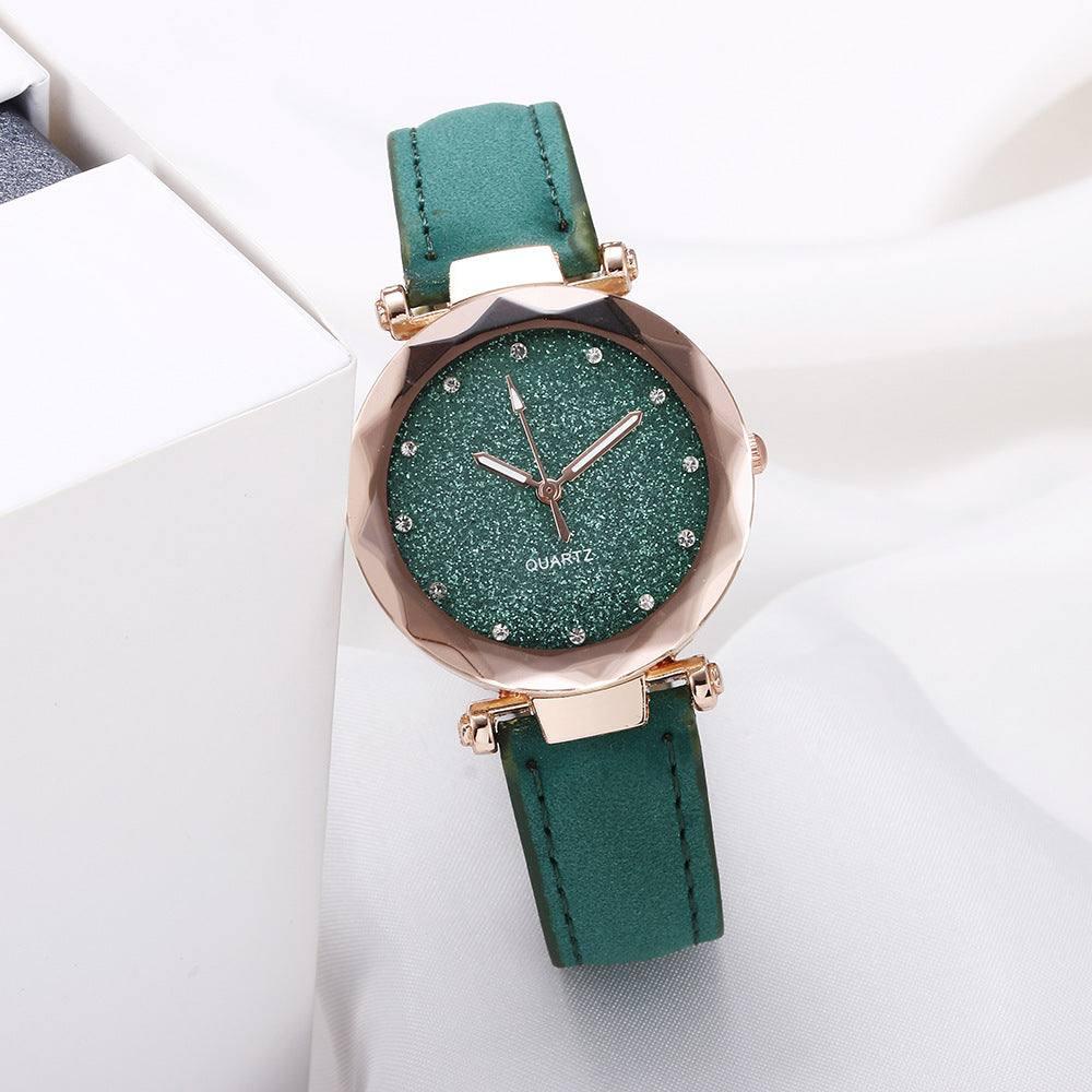 Casual Women Romantic Starry Sky Wrist Watch Leather-Green-17