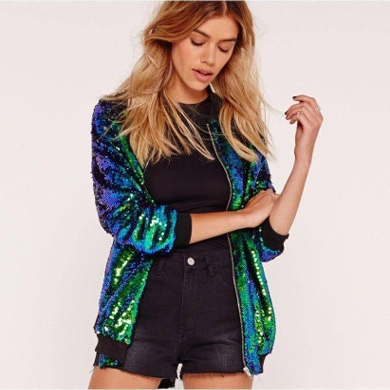Casual Women's Autumn Sequined Jacket-Peacock Green-1