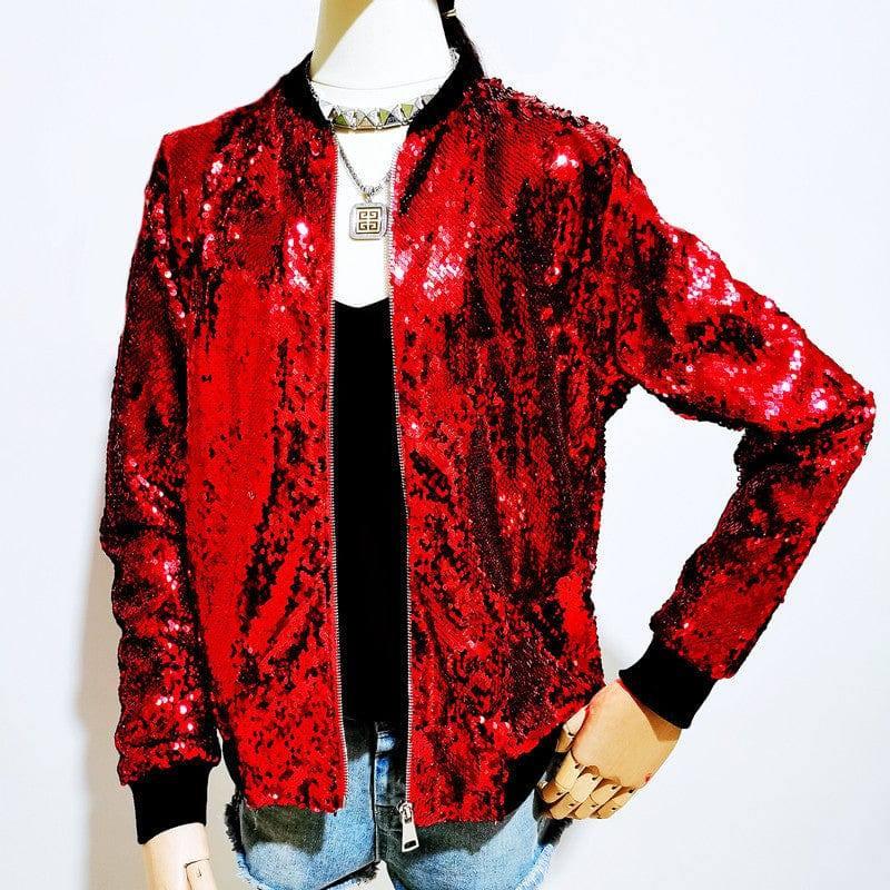 Casual Women's Autumn Sequined Jacket-Red-3