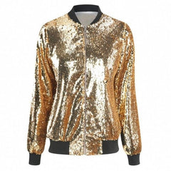 Casual Women's Autumn Sequined Jacket-Gold-4