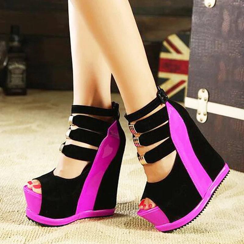 Chic Black & Pink Strappy Wedge Heels | Trendy Footwear-Pink-3