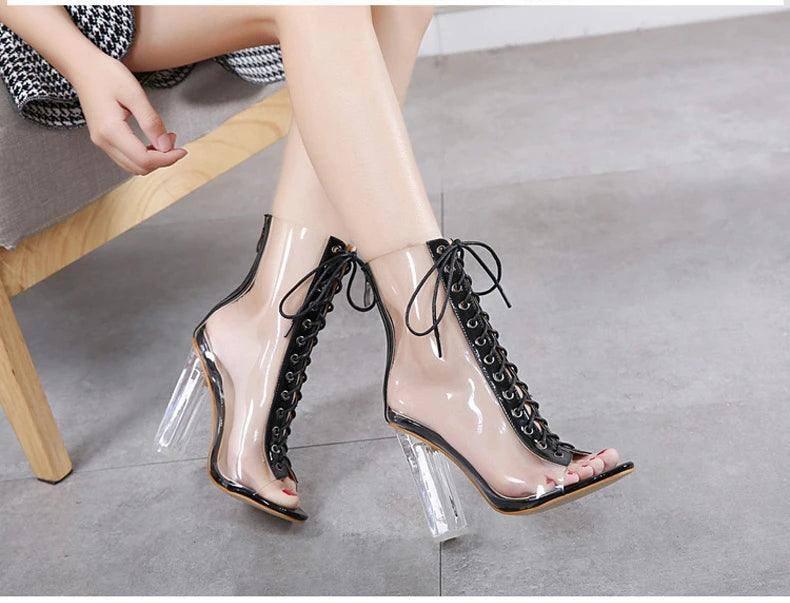 Chic Clear Heel Booties: Trendy Lace-up Ankle Boots-3