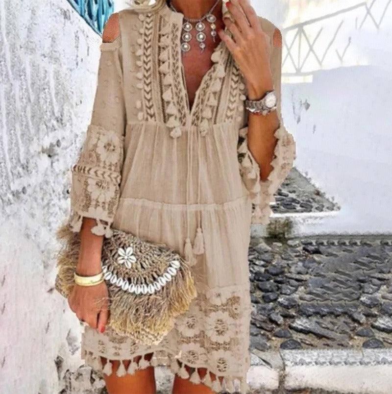 Chic Fringe Long Sleeve Dres-Khaki-12