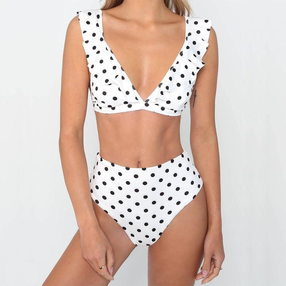 Chic Polka Dot High-Waisted Bikinis for Timeless Beach Style-White-7