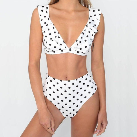 Chic Polka Dot High-Waisted Bikinis for Timeless Beach Style-White-7