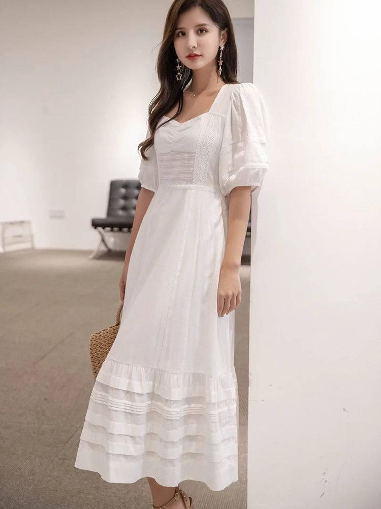 Jastie French White Dress Cotton Embroidered V-neck Elegant Ladies Dress Ruffle Hem Chic Autumn Dress Retro Luxury Brand Dress-White8-1