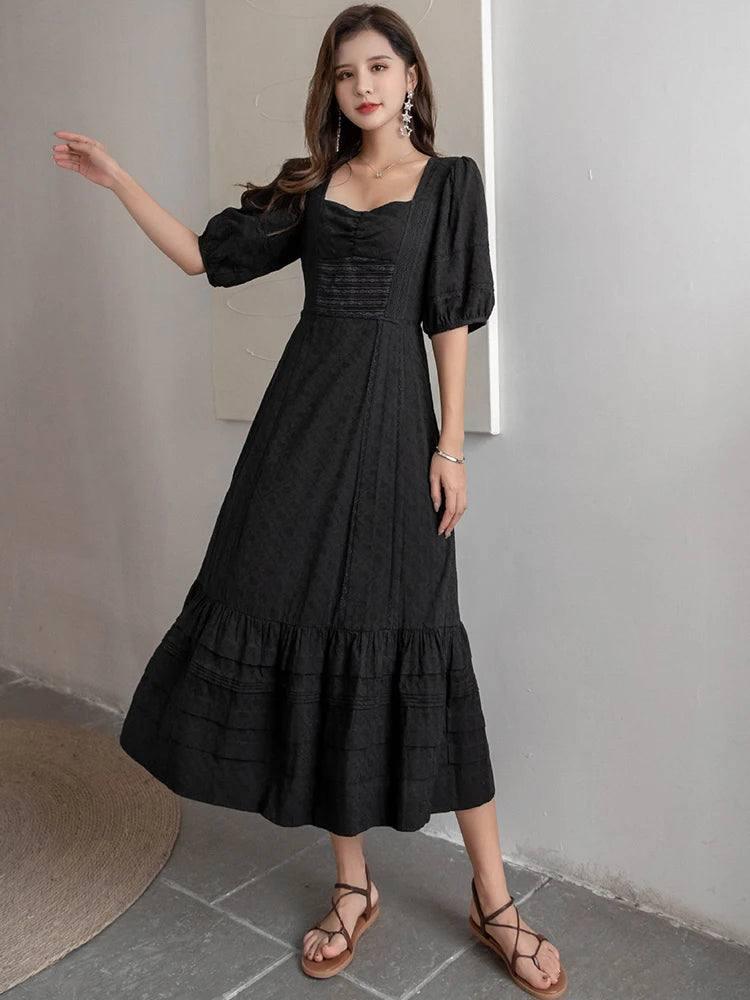 Jastie French White Dress Cotton Embroidered V-neck Elegant Ladies Dress Ruffle Hem Chic Autumn Dress Retro Luxury Brand Dress-Black-3