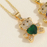 Chic Teddy Bear Pendant Necklaces | Colorful Gemstone-Green-3