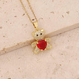 Chic Teddy Bear Pendant Necklaces | Colorful Gemstone-Red-4