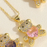 Chic Teddy Bear Pendant Necklaces | Colorful Gemstone-Pink-8