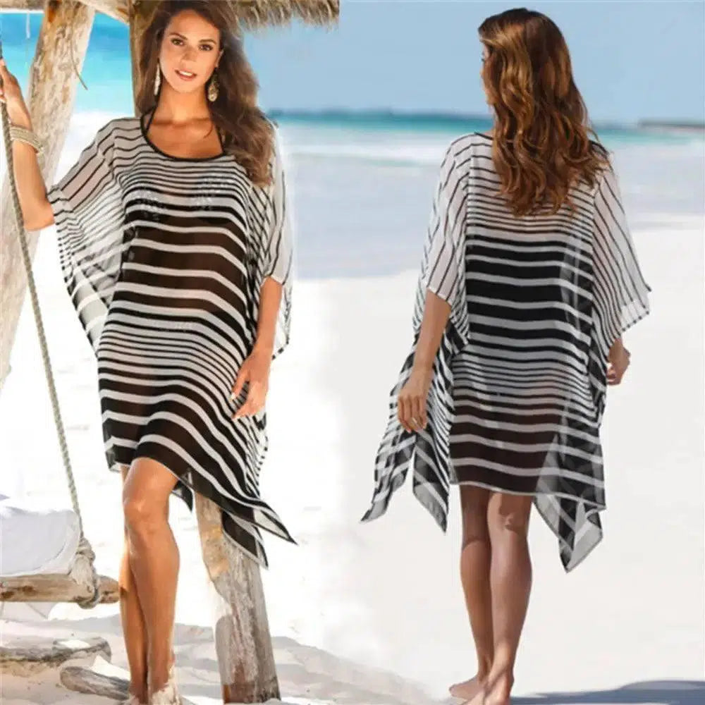 Chiffon Black And White Striped Loose Beach Skirt Bikini-Blackstripeprint-2