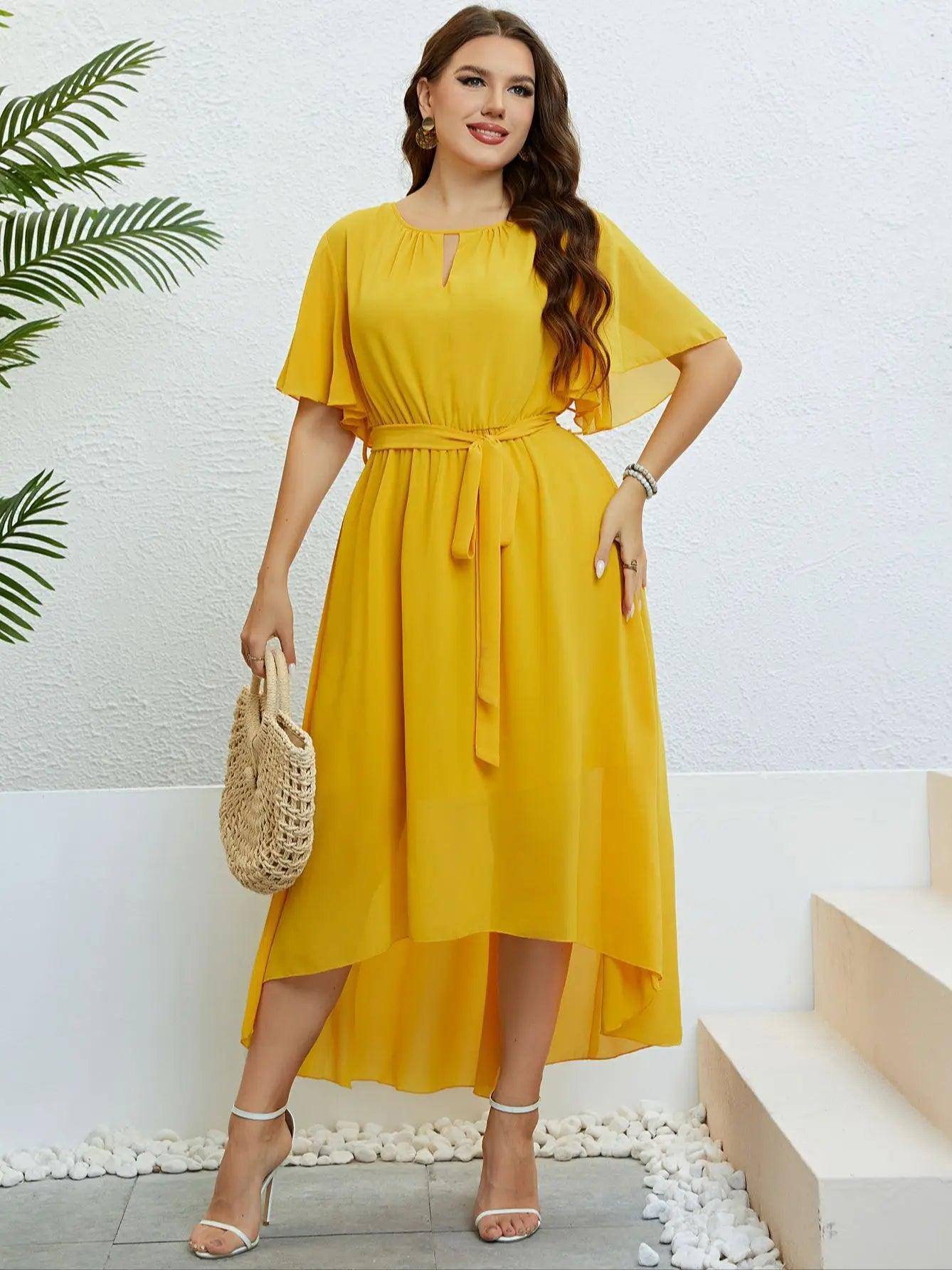 Chiffon Party Dresses For Women Plus Size Summer Solid Color-Yellow-7