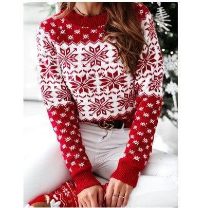 Christmas Elk Long Sleeve Knitted Sweater-1 Red-11