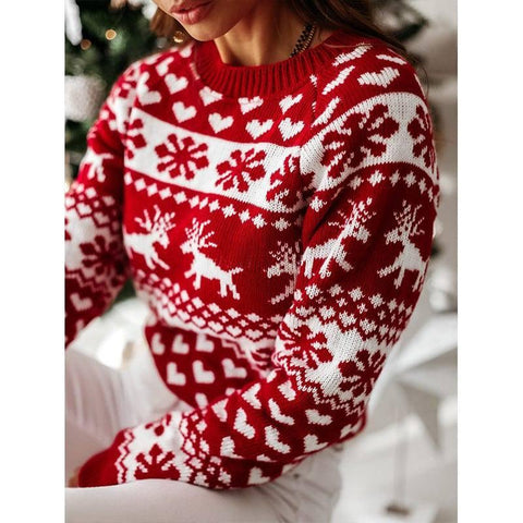 Christmas Elk Long Sleeve Knitted Sweater-Red-14