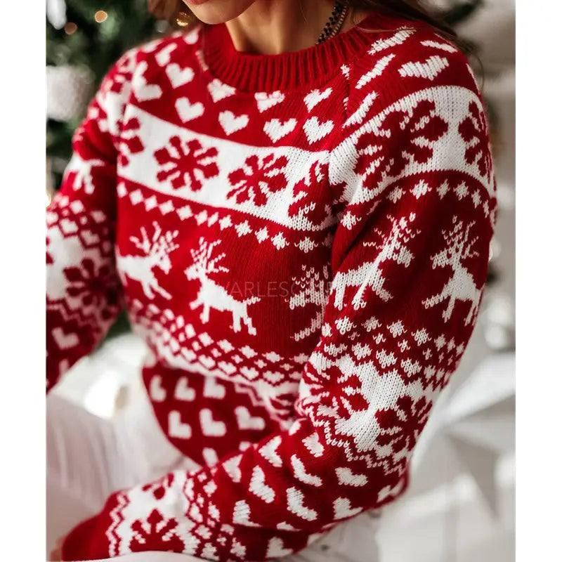 Christmas Elk Long Sleeve Knitted Sweater-Red-6