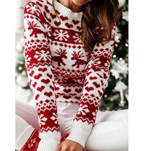 Christmas Elk Long Sleeve Knitted Sweater-White-7