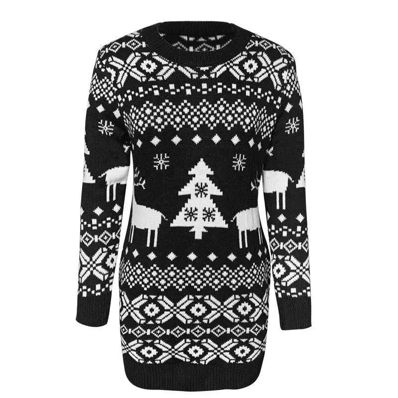 Christmas Elk Long Sleeve Knitted Sweater-Black-8