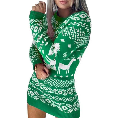 Christmas Elk Long Sleeve Knitted Sweater-Green-9