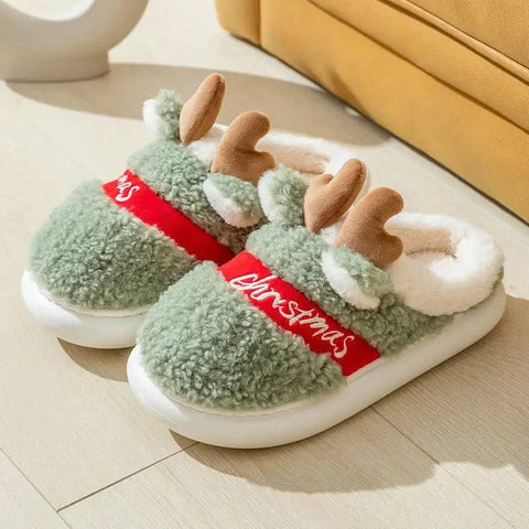 Christmas Shoes Winter Home Slippers Elk Soft Cozy Bedroom-Green-11