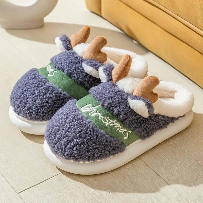 Christmas Shoes Winter Home Slippers Elk Soft Cozy Bedroom-Blue-9