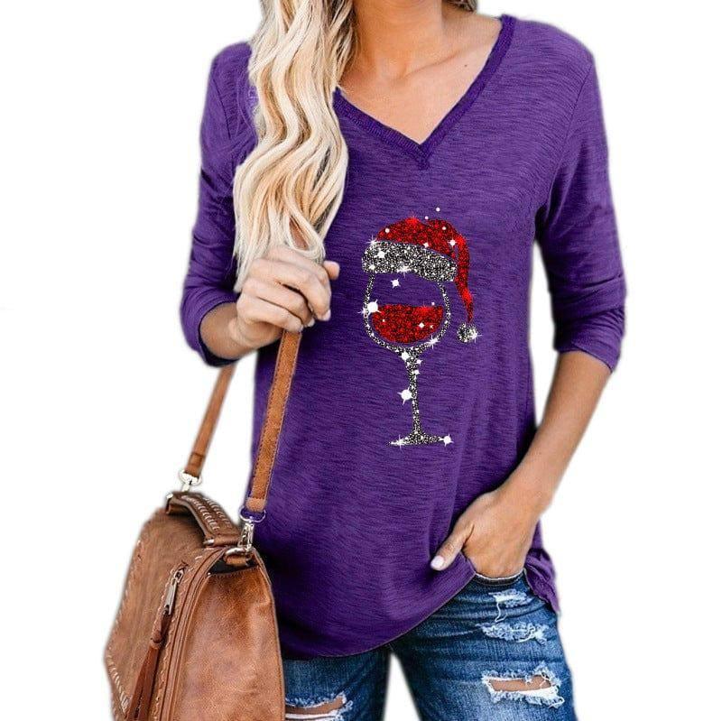 Christmas Wine Glass Print Plus Size Women Clothing-Purple-6