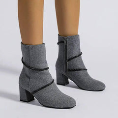 Chunky Mid Heel Boots With Rhinestone Chain Design Shoes For-Grey-1