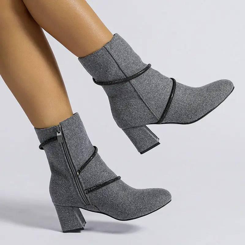 Chunky Mid Heel Boots With Rhinestone Chain Design Shoes For-4