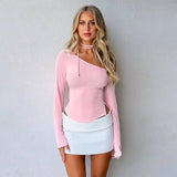 Clean Color Caution Machine Oblique Shoulder Long Sleeve-Pink-4