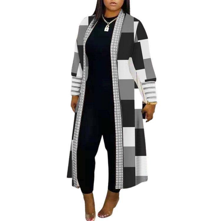 Coat Long Sleeve Stitching Loose Commuter Trench Coat-Black And White Plaid Print-3