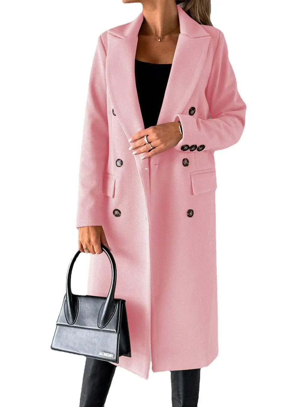 LOVEMI  Coats Pink / S Lovemi -  Long Sleeve Lapel Solid Double Breasted Slim Coat Coat