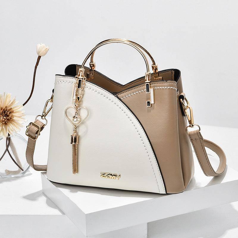 Color Block Handbag Love Tassel Decor Crossbody Bags For-White with khaki-1