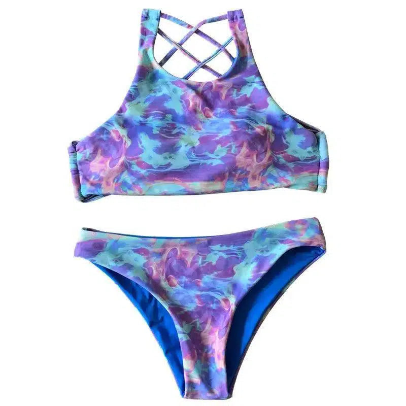 Color printing triangle split bikini color printing-Blue-1