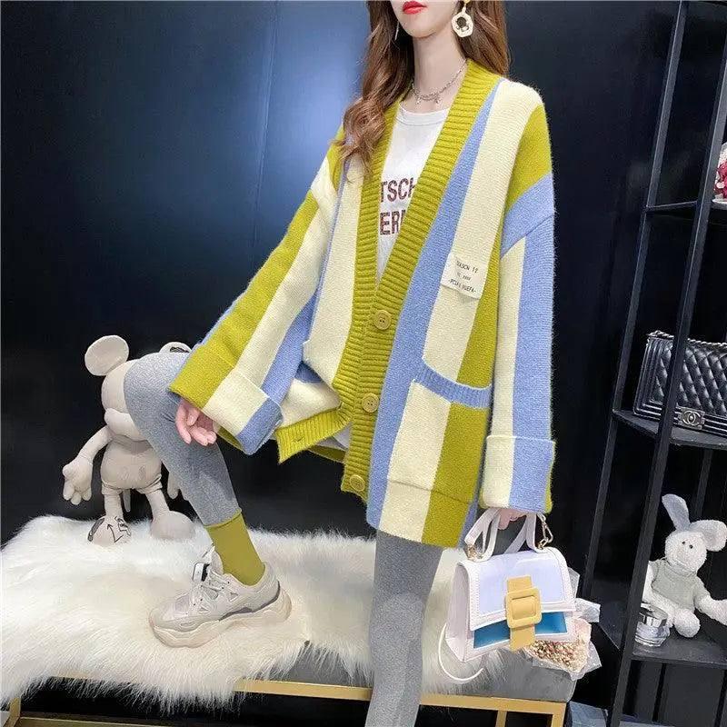 Contrast Stitching Striped Sweater Cardigan Jacket-Blue-3