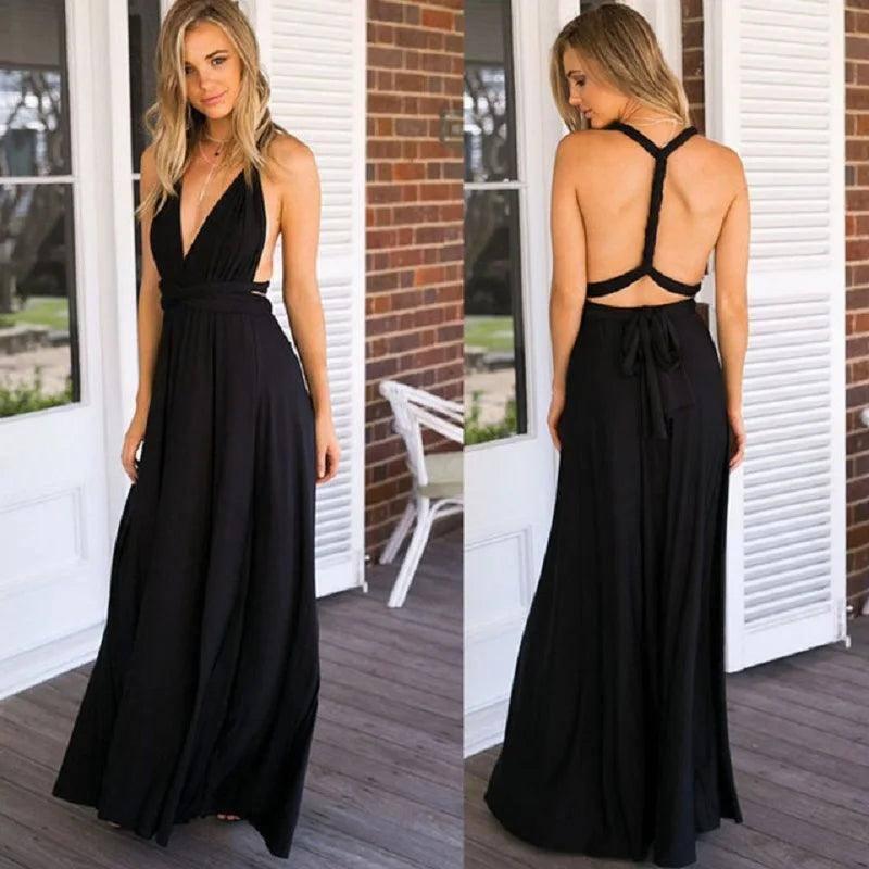 Convertible Wrap Maxi Dress - Sexy Red Boho Party Wear-Black-10