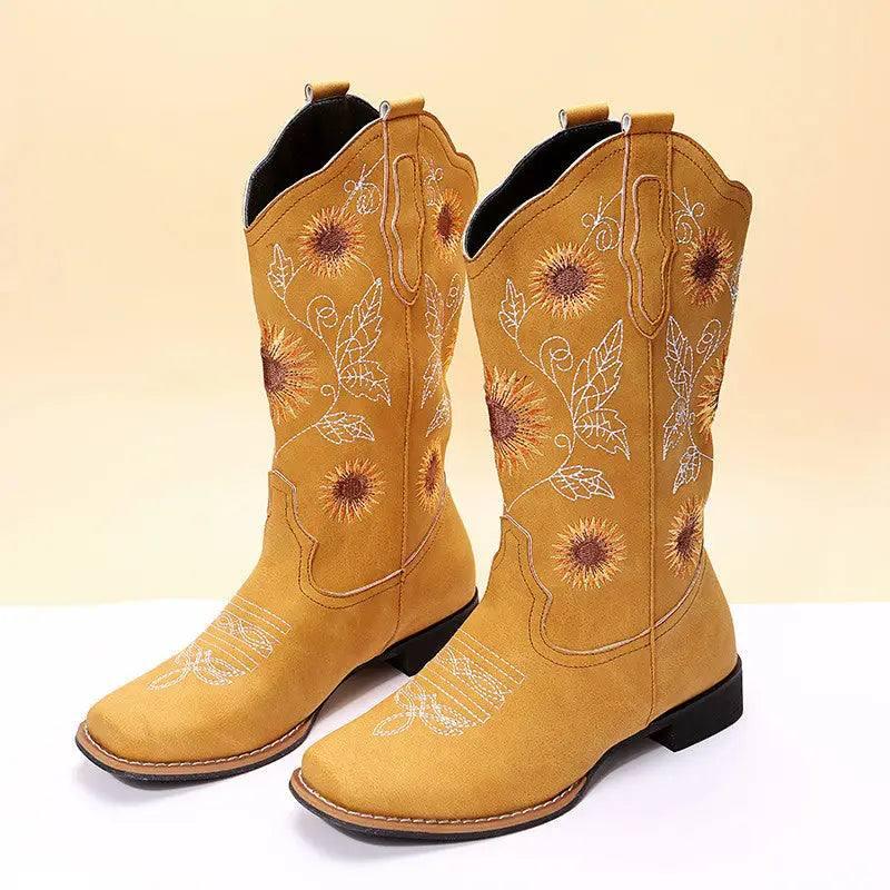 Cowboy Boots Women Sunflower Embroidery Shoes Low Heel-Yellow-7