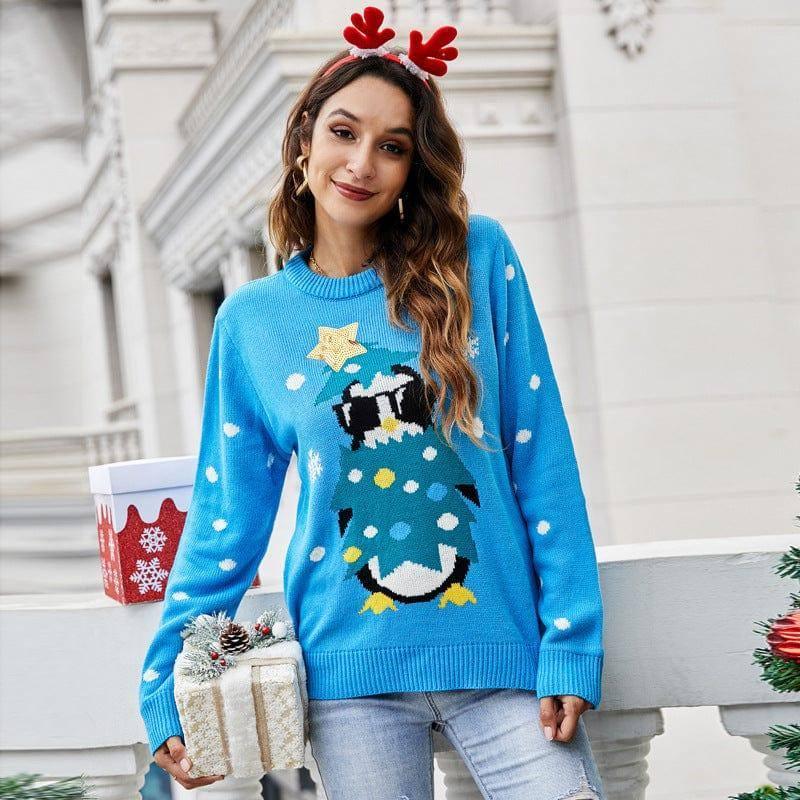 Crew Neck Long Sleeve Animal Christmas Sweater-8