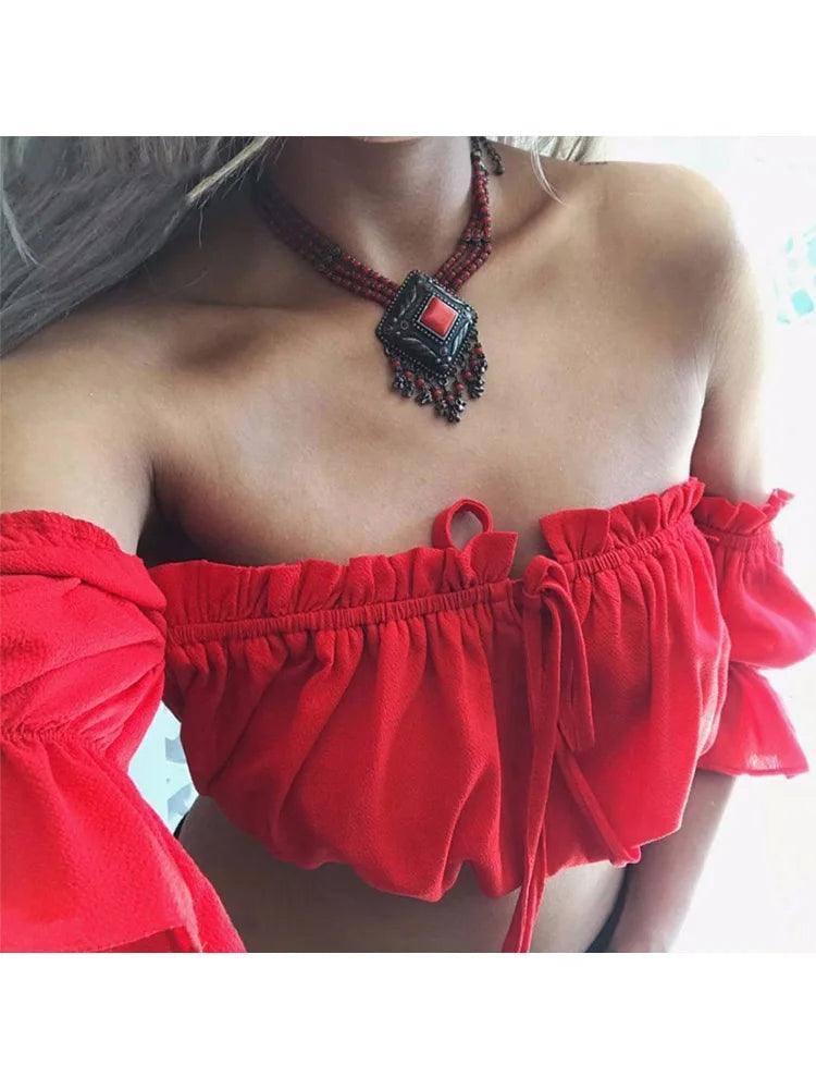 crop tops women 2019 summer lantern sleeve sexy strapless-2