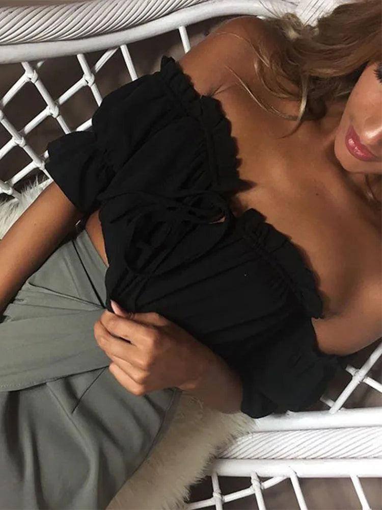 crop tops women 2019 summer lantern sleeve sexy strapless-Black-8