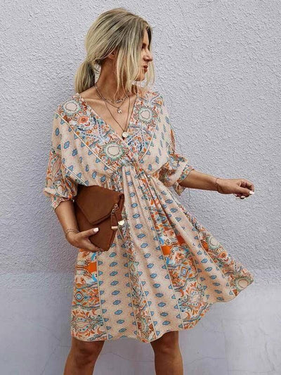 Cross-border V-neck Waist Trimming Printing Dress-6