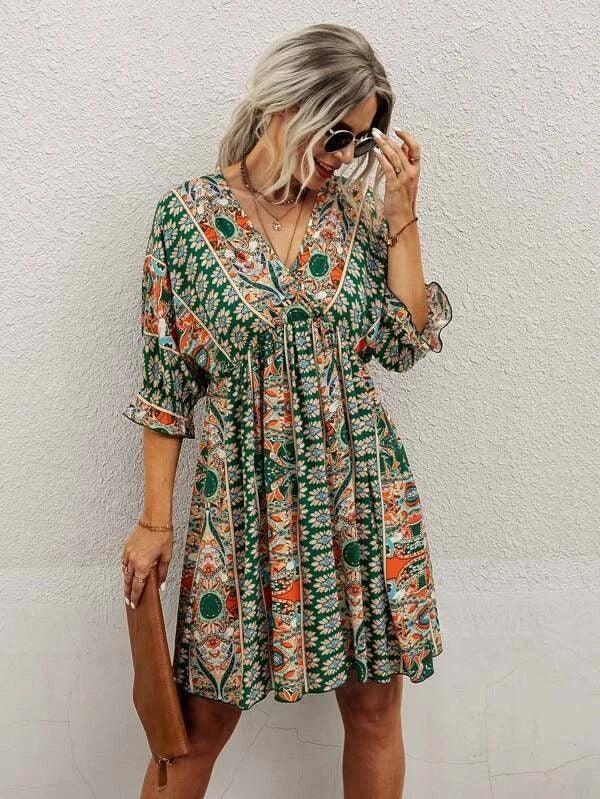 Cross-border Sexy V-neck Waist Trimming Printing Dress-Green-8