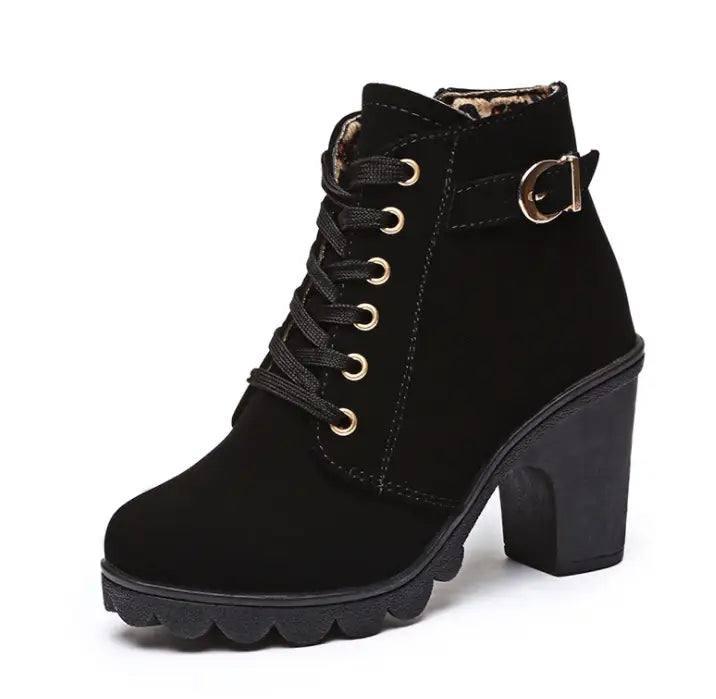 Cuculus Spring Winter Women Boots High Quality Solid Lace-up-Black-3