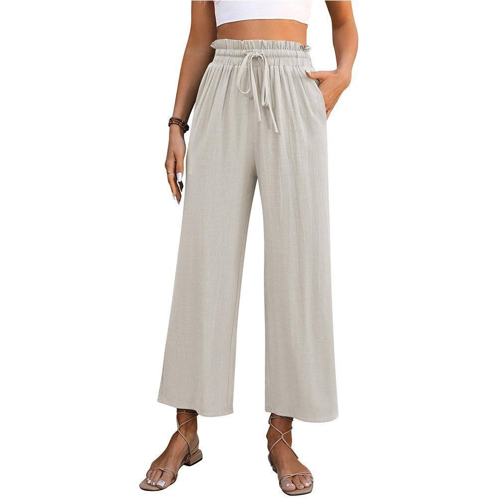 Drawstring High Waist Straight Pants Summer Casual Solid-Beige-2