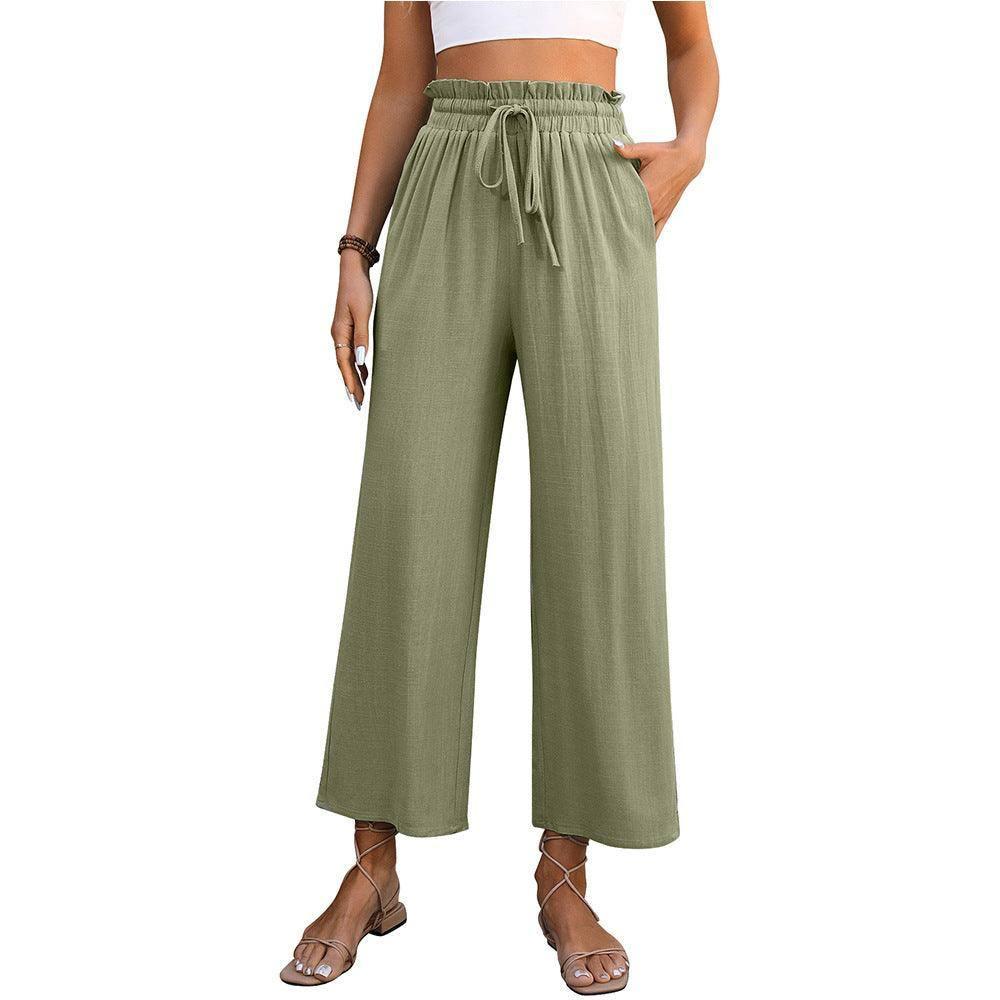 Drawstring High Waist Straight Pants Summer Casual Solid-Green-4