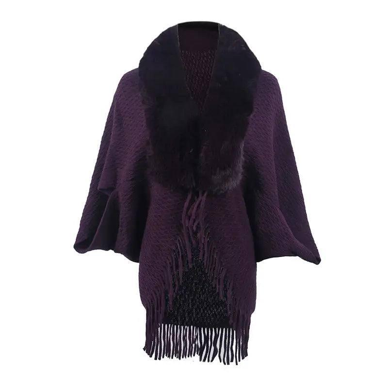 Drizzling Fur Collar Knitted Tassel Cape Coat Women-Purple-4