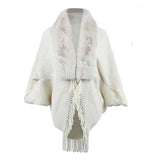 Drizzling Fur Collar Knitted Tassel Cape Coat Women-White-5