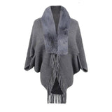 Drizzling Fur Collar Knitted Tassel Cape Coat Women-Gray-6